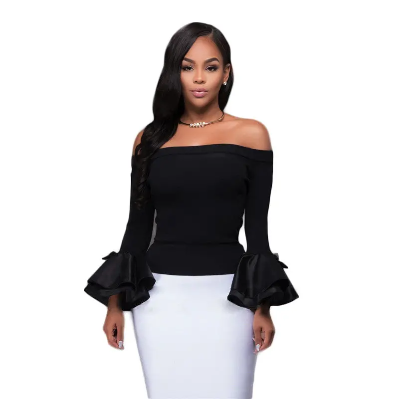Flare Sleeve Women Tops Sexy Off Shoulder Tee Shirt Femme Slim Top Tees Black T Shirts For Women Long Sleeve Tunic 1
