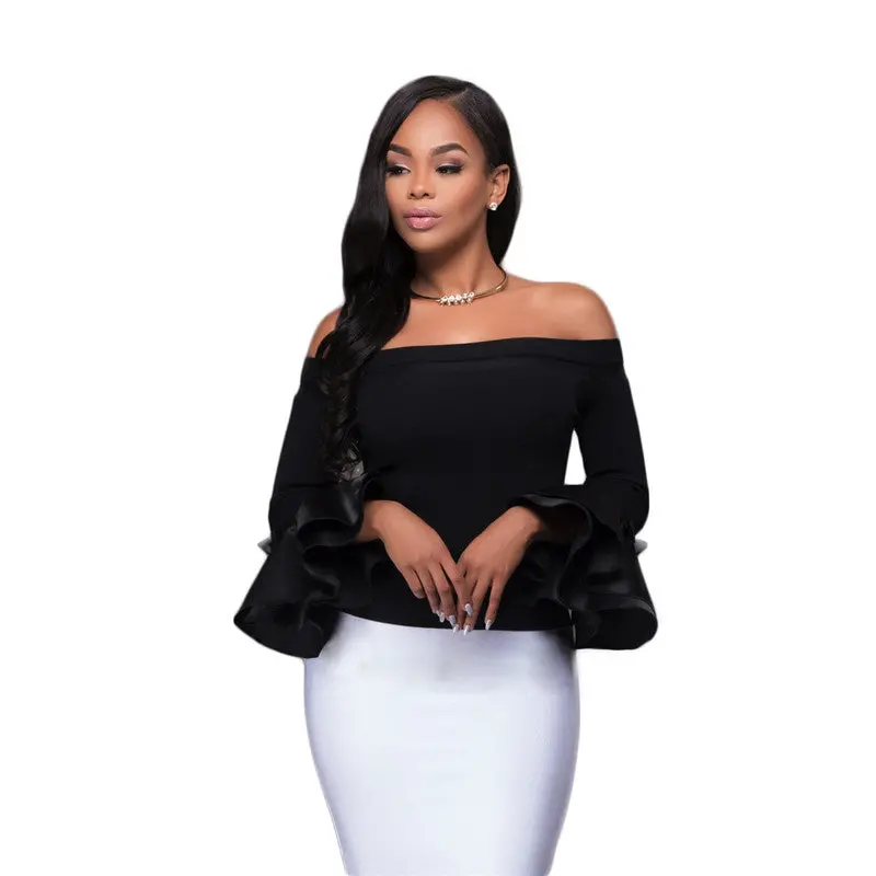 Flare Sleeve Women Tops Sexy Off Shoulder Tee Shirt Femme Slim Top Tees Black T Shirts For Women Long Sleeve Tunic 2