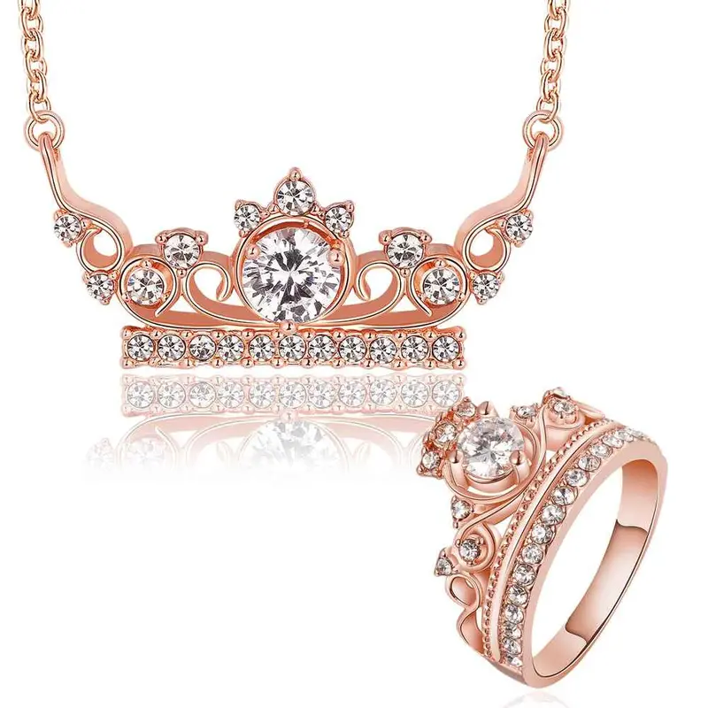 Floating Charms 18K Gold Plating Jewelry Set Crown Crystal Necklace+Ring Wedding Jewelry Smtps399 1
