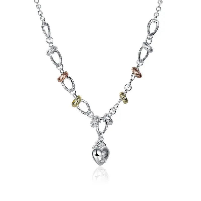 Floating Charms Silver Choker Necklace Insets Heart Lock Gros Collier Femme Bijoux Women114 2