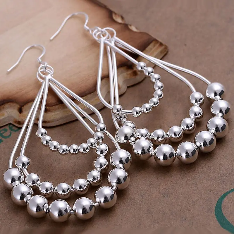 Floating Charms Silver Plated Earrings Triple Bean Chain Drop Ear Cuff Fine Jewelry 1