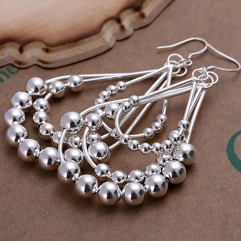 Floating Charms Silver Plated Earrings Triple Bean Chain Drop Ear Cuff Fine Jewelry 2