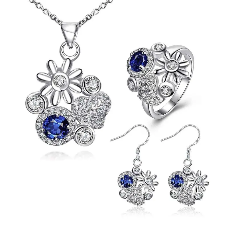 Floating Charms Silver Plated Jewelry Set Messy Flowers Necklace + Ring + Earrings Sets Joias 46 1