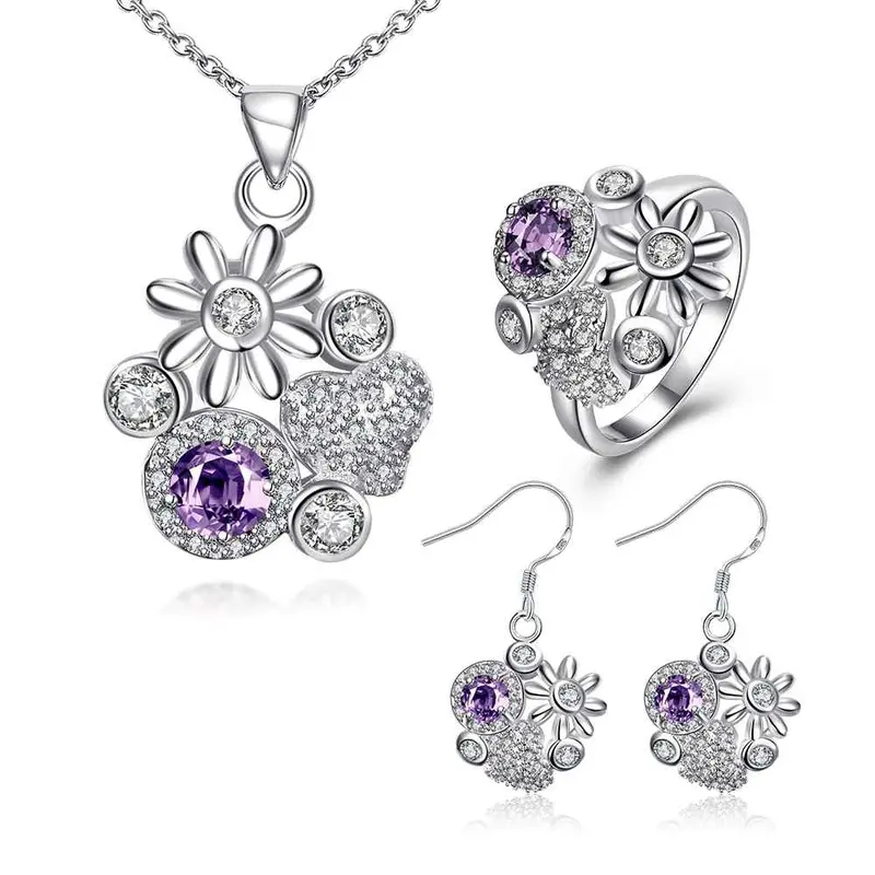Floating Charms Silver Plated Jewelry Set Messy Flowers Necklace + Ring + Earrings Sets Joias 46 2