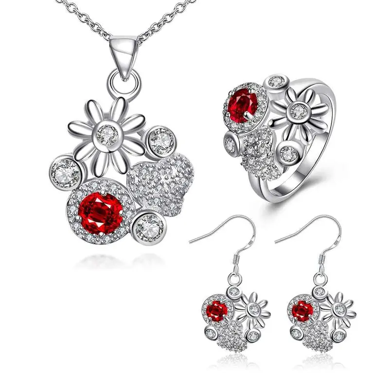 Floating Charms Silver Plated Jewelry Set Messy Flowers Necklace + Ring + Earrings Sets Joias 46 3