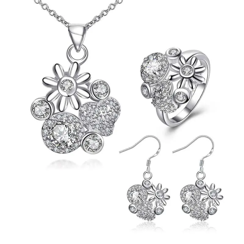 Floating Charms Silver Plated Jewelry Set Messy Flowers Necklace + Ring + Earrings Sets Joias 46 4