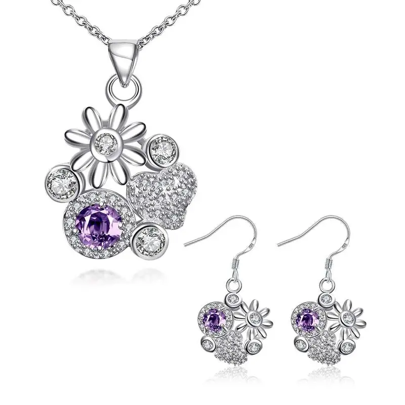 Floating Charms Silver Plated Jewelry Set Messy Flowers Necklace + Ring + Earrings Sets Joias 46 6