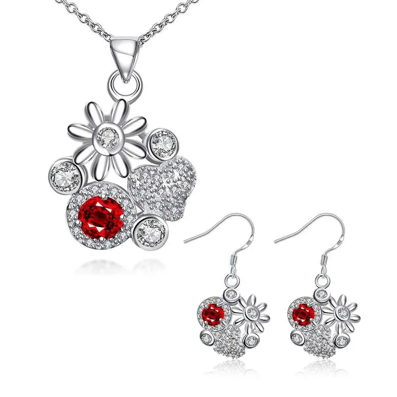 Floating Charms Silver Plated Jewelry Set Messy Flowers Necklace + Ring + Earrings Sets Joias 46 7