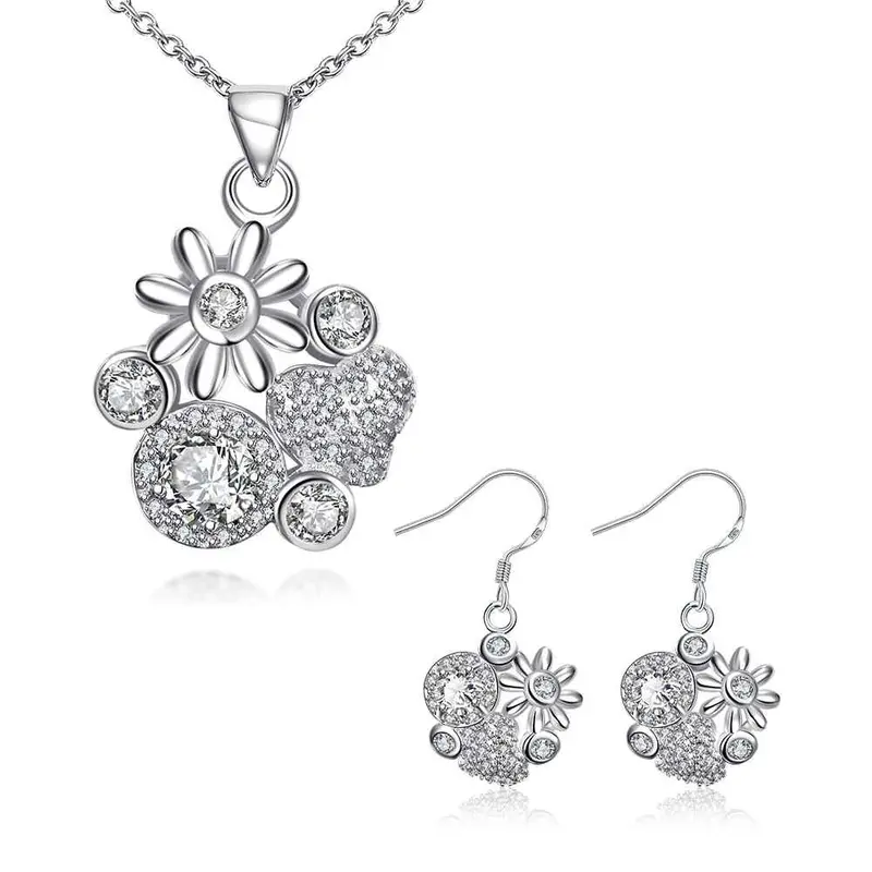 Floating Charms Silver Plated Jewelry Set Messy Flowers Necklace + Ring + Earrings Sets Joias 46 8