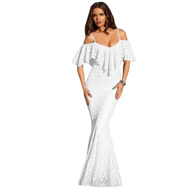Floor Length Long Dress Elegant Evening Floral Lace Party Dresses Sexy Black Ruffles Off Shoulder Dress 1