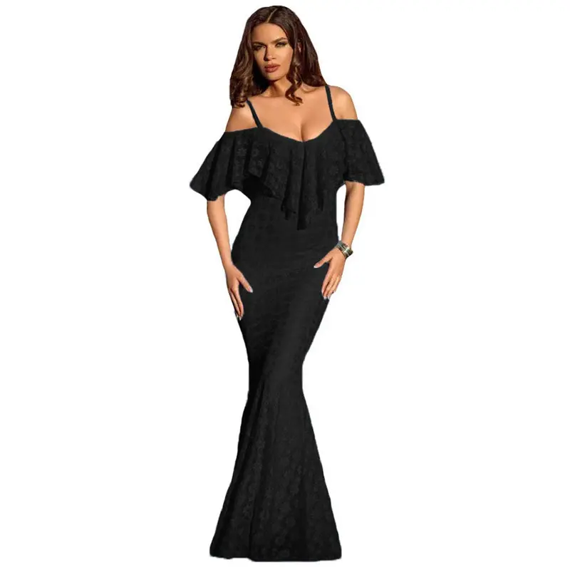 Floor Length Long Dress Elegant Evening Floral Lace Party Dresses Sexy Black Ruffles Off Shoulder Dress 4