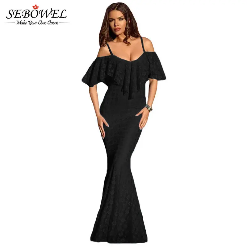 Floor Length Long Dress Elegant Evening Floral Lace Party Dresses Sexy Black Ruffles Off Shoulder Dress 5