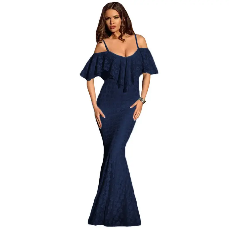 Floor Length Long Dress Elegant Evening Floral Lace Party Dresses Sexy Black Ruffles Off Shoulder Dress 7