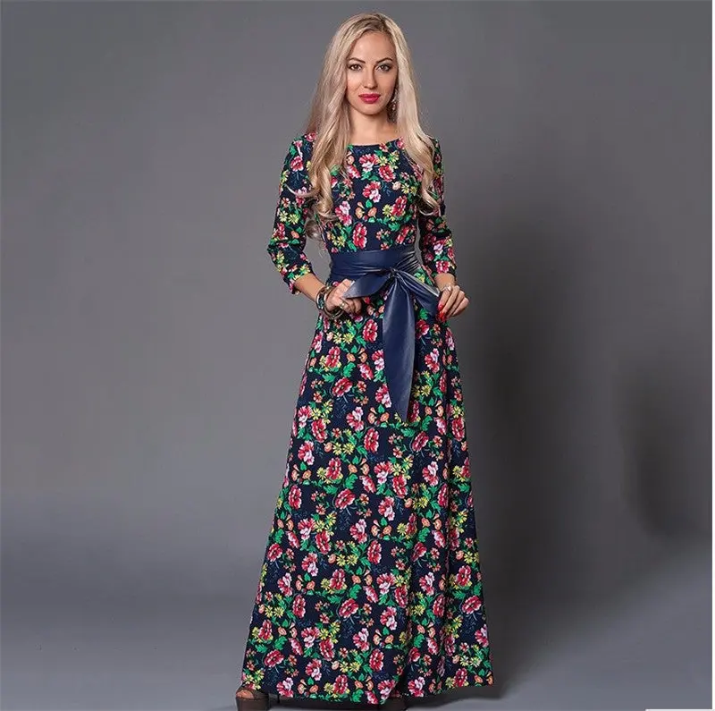 Floral Boho Maxi Dress – Three-Quarter Sleeve Printed Long Dress in Extended Sizes