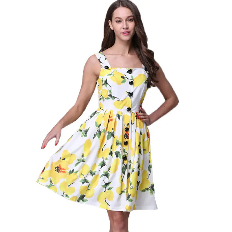 Floral Dress Yellow Lemon Print Dress Breasted Strap Party Dress Elegant Ladies Casual Dresses 1