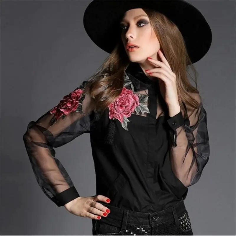 Floral Embroidery White Blouse Shirt Organza Patchwork Shirts Femeninas Women Clothing Tops Long Sleeve 1