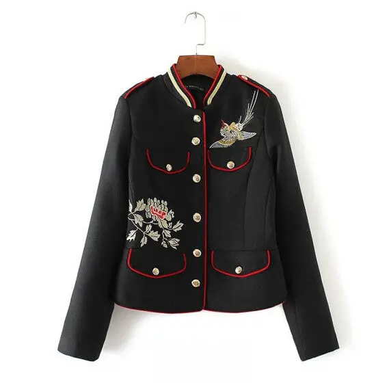 Floral Flowers Birds Embroidery Jacket Military Pockets Button Personality Cool Slim Coat Za Mandarin Collar Epaulet Outerwear 1