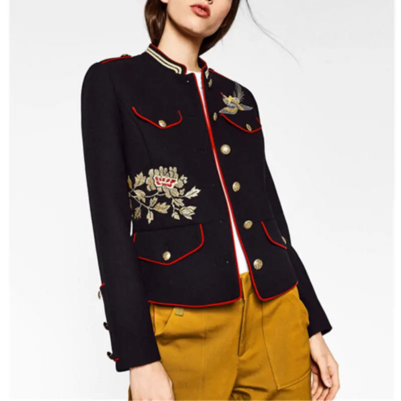 Floral Flowers Birds Embroidery Jacket Military Pockets Button Personality Cool Slim Coat Za Mandarin Collar Epaulet Outerwear 2