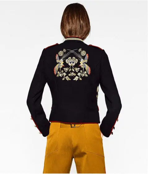 Floral Flowers Birds Embroidery Jacket Military Pockets Button Personality Cool Slim Coat Za Mandarin Collar Epaulet Outerwear 3