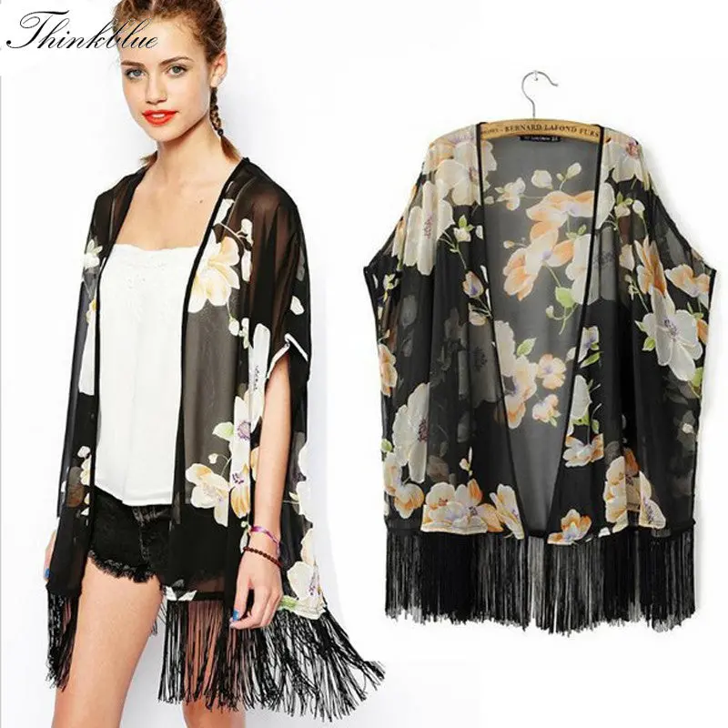 Floral Kimono Cardigan Blouse Long Tassel Print Chiffon Shirt Women Vintage Flower Print Kimono Blusa 1