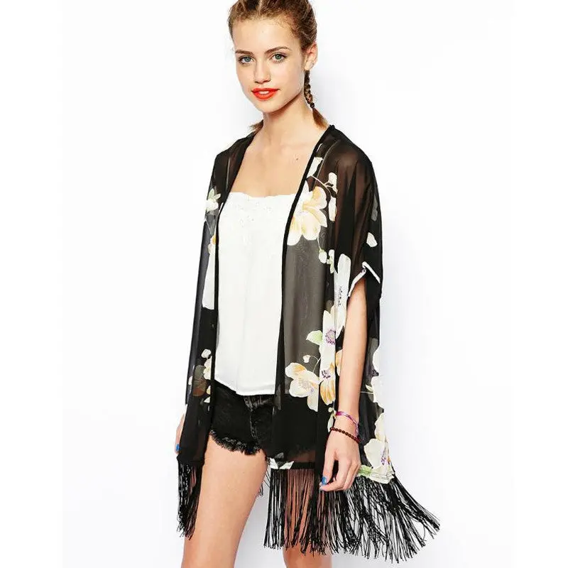 Floral Kimono Cardigan Blouse Long Tassel Print Chiffon Shirt Women Vintage Flower Print Kimono Blusa 2