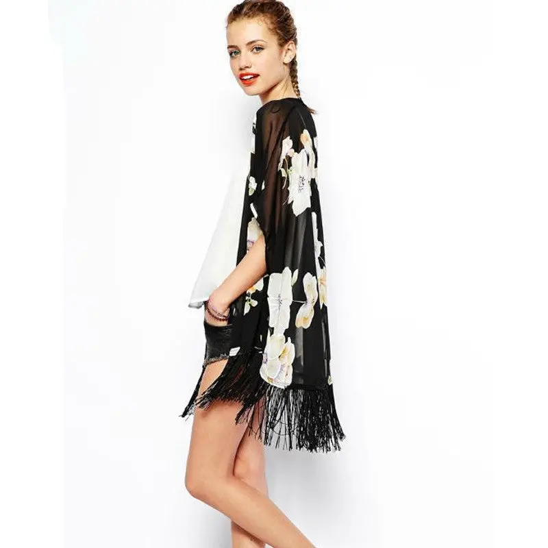 Floral Kimono Cardigan Blouse Long Tassel Print Chiffon Shirt Women Vintage Flower Print Kimono Blusa 3