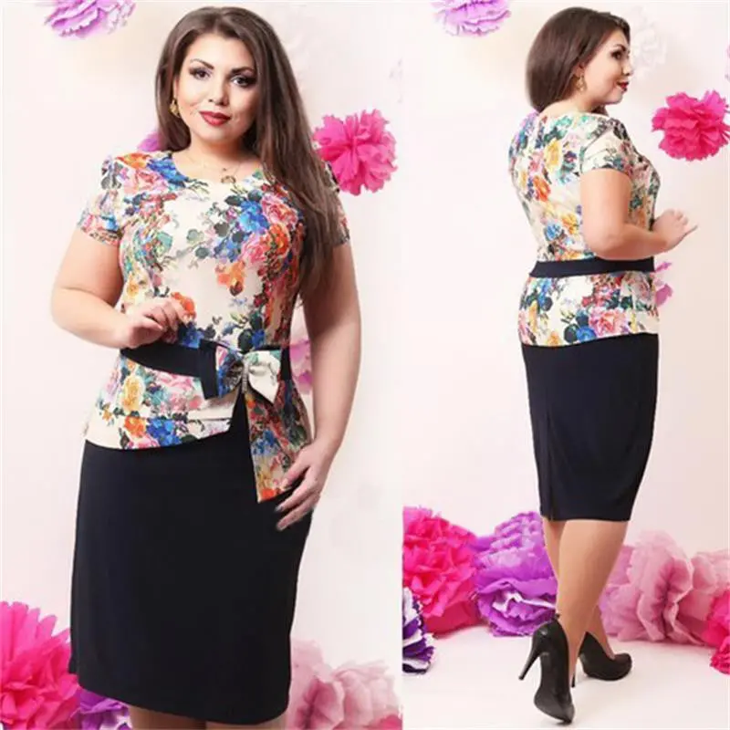 Floral Patchwork Mini Dress – Elegant O-Neck Casual Dress in Extended Sizes