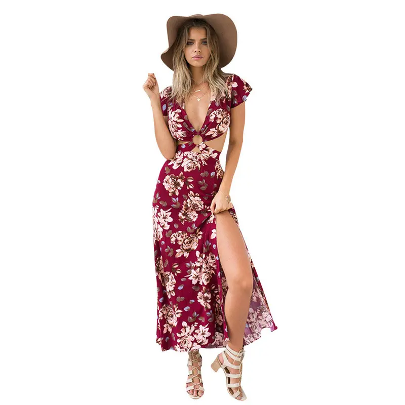 Floral Print Women Split Long Dress Vestidos De Fiesta Elegant Sexy Backless Vintage Maxi Dresses Mujer Robe 1