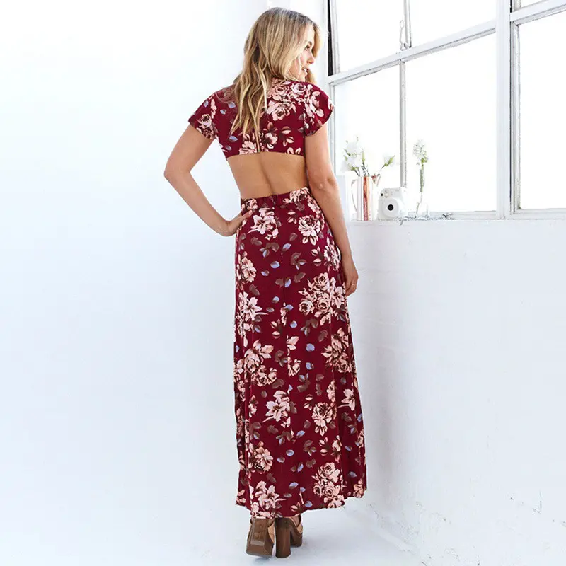 Floral Print Women Split Long Dress Vestidos De Fiesta Elegant Sexy Backless Vintage Maxi Dresses Mujer Robe 2