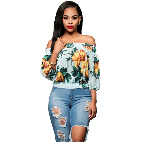 Floral Printed Crop Top Women Tops Sexy Off Shoulder Blouses And Shirts Beach Slash Neck Flower Tops Cropped 1