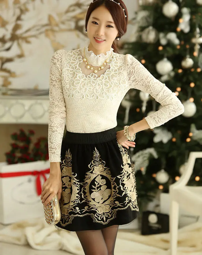 Floral Printing Skirt Organza Mesh Glitter Embroidery Skirt 1