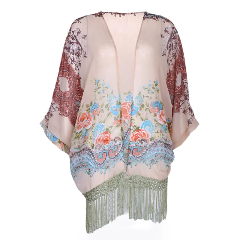 Floral Tassel Kimono Cardigans Chiffon Women Tops Blouse Perspective Sexy Manga Batwing Camisa Blusas S-L Shirt Women 1