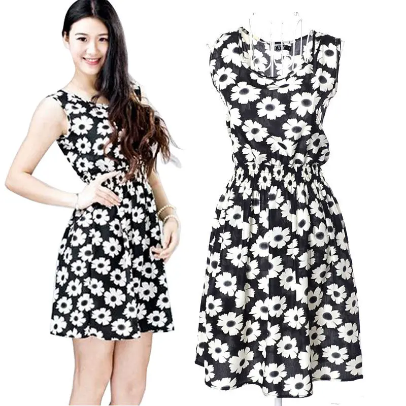 Flower Black White Women Sexy Casual Dress Sleeveless Party Beach Dress Plus Size 1
