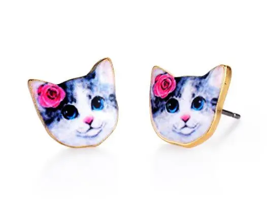 Flower Cat Stud Earrings In Enamel Kiitten Post Jewelry Animal Pet Earrings Love Gift Idea Oed070 1