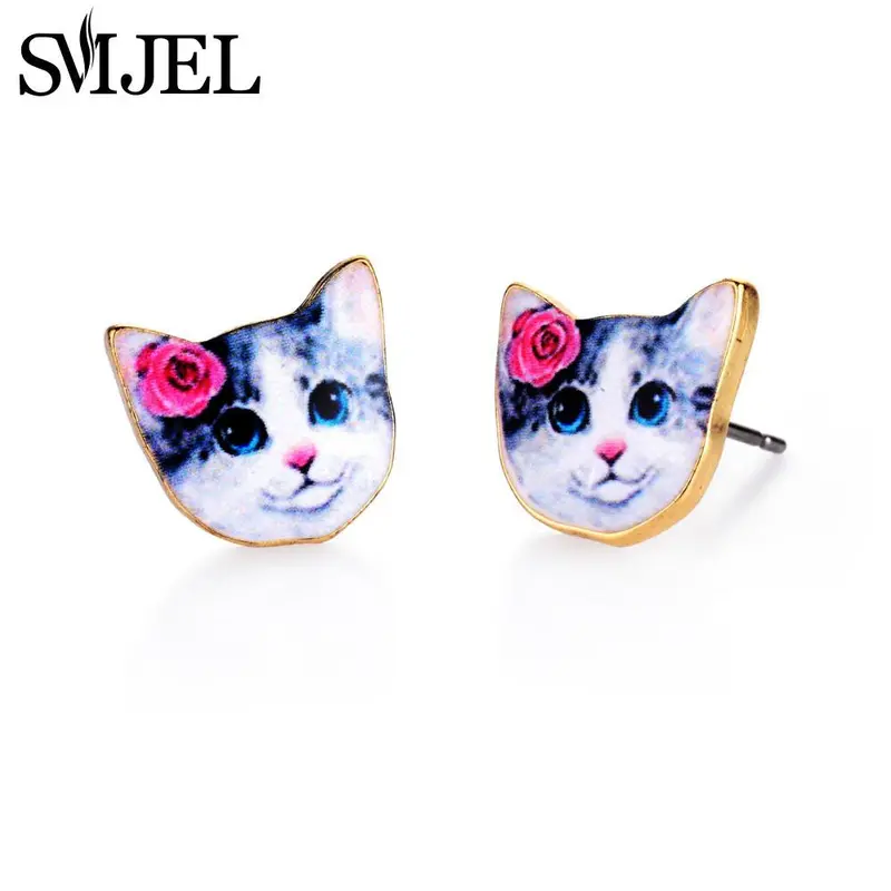 Flower Cat Stud Earrings In Enamel Kiitten Post Jewelry Animal Pet Earrings Love Gift Idea Oed070 2