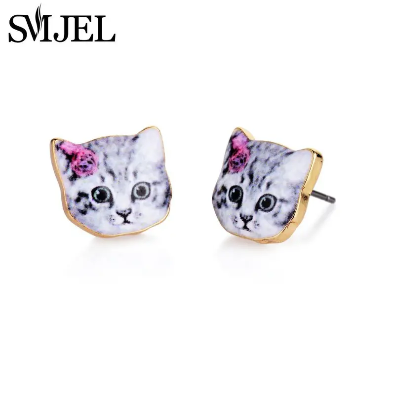 Flower Cat Stud Earrings In Enamel Kiitten Post Jewelry Animal Pet Earrings Love Gift Idea Oed071 2