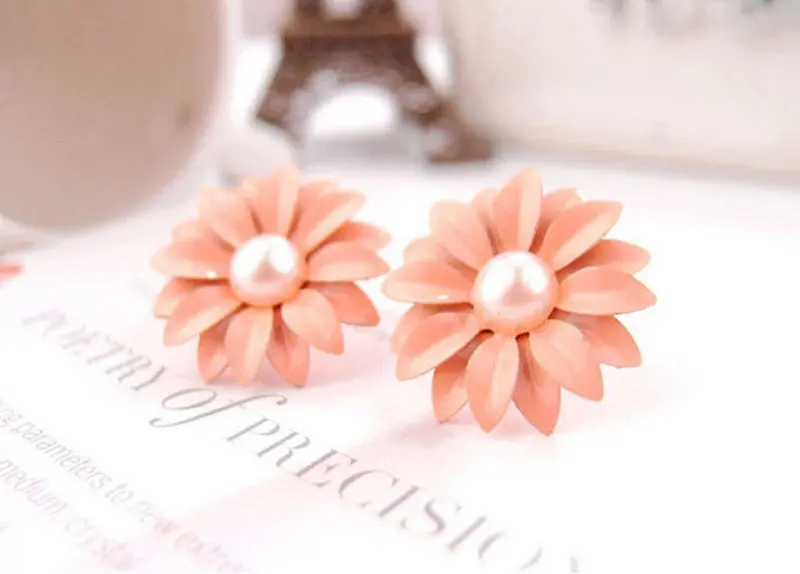 Flower Earrings Cute Korea Daisy Flower Pearl Stud Earrings Pink For Women 1