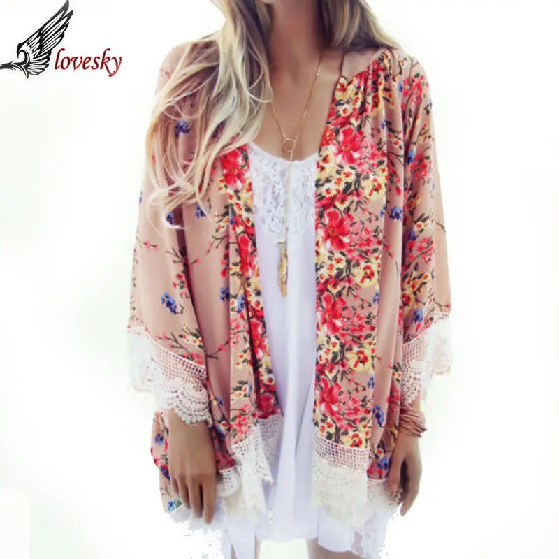 Flower Floral Print Chiffon Batwing Sleeve Women Printed Chiffon Shawl Kimono Cardigan Tops Cover Up Blouse 1