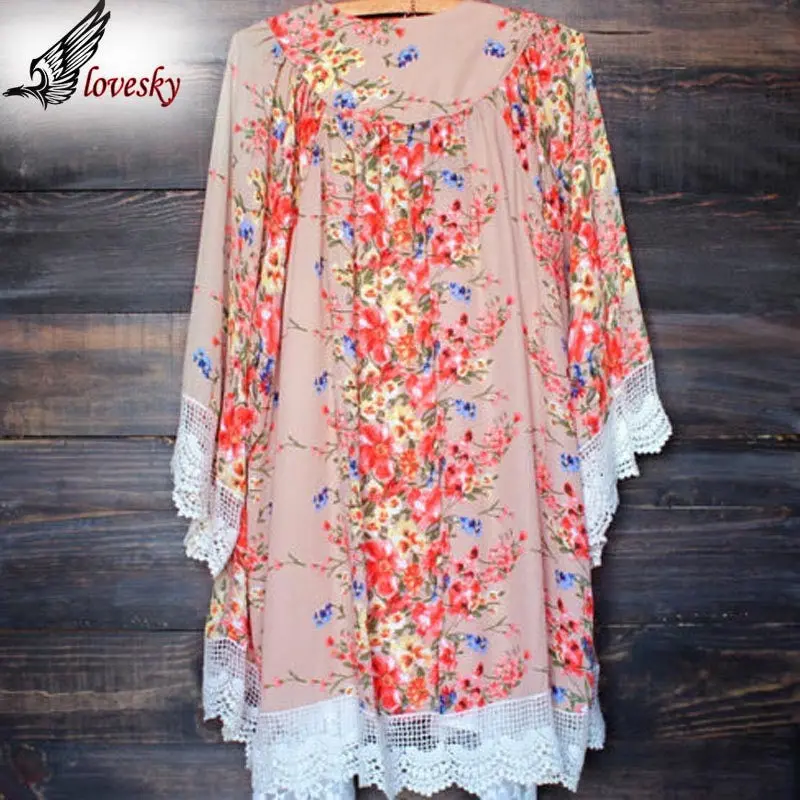 Flower Floral Print Chiffon Batwing Sleeve Women Printed Chiffon Shawl Kimono Cardigan Tops Cover Up Blouse 2