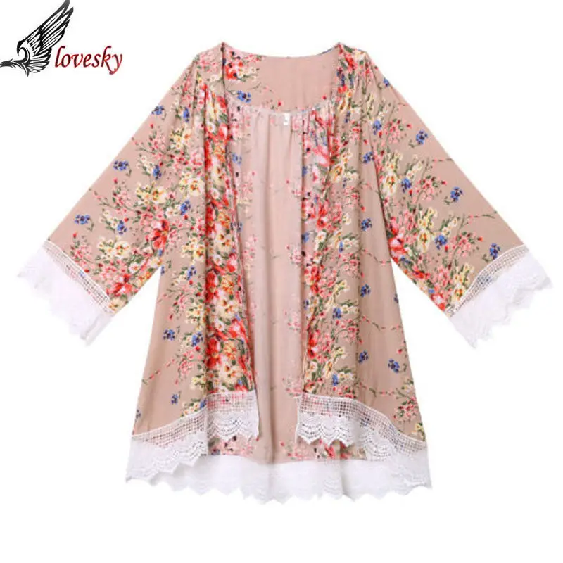 Flower Floral Print Chiffon Batwing Sleeve Women Printed Chiffon Shawl Kimono Cardigan Tops Cover Up Blouse 3