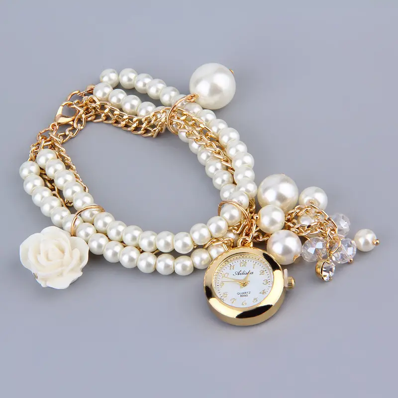 Flower Pearl Dial Rose Wristwatch Watch Strap Bracelet Chainbeads Round Dial Watch Able 1