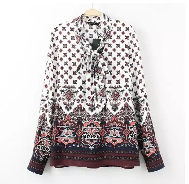 Flower Print Bow Collar Shirts Women Long Sleeve Stream Pullover Cotton Blouses Tops S M L 1