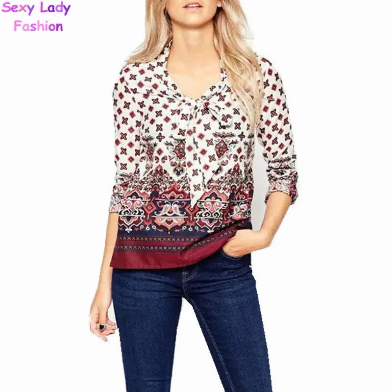 Flower Print Bow Collar Shirts Women Long Sleeve Stream Pullover Cotton Blouses Tops S M L 2