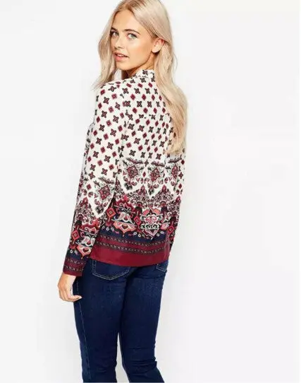 Flower Print Bow Collar Shirts Women Long Sleeve Stream Pullover Cotton Blouses Tops S M L 3