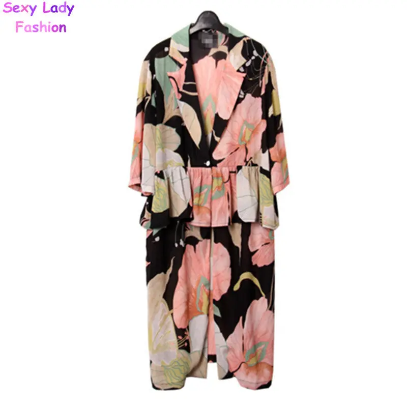 Flower Print Flounced Long Shirt Dress Women Notched Collar Ruffles Waist Loose Shift Dress Large Size 2