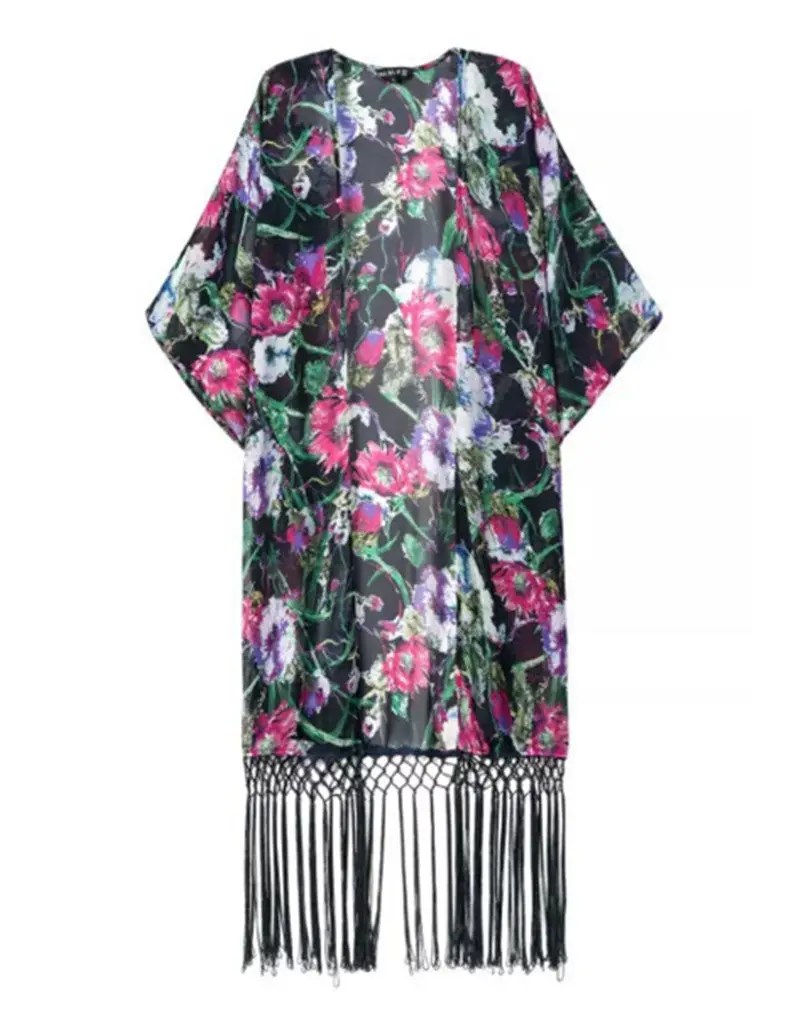 Flower Print Tassel Shirts Women Vintage Chiffon No Button Loose Fringed Cardigan Blouse Tops 1