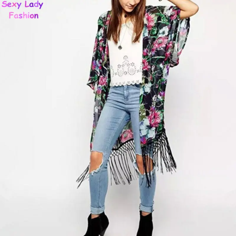 Flower Print Tassel Shirts Women Vintage Chiffon No Button Loose Fringed Cardigan Blouse Tops 2