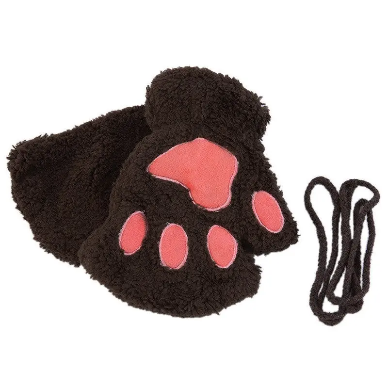 Fluffy Bearcat Plush Pawclaw Glove-Novelty Soft Toweling Lady's Half Covered Gloves Mittens Valentine's Day Gift 3