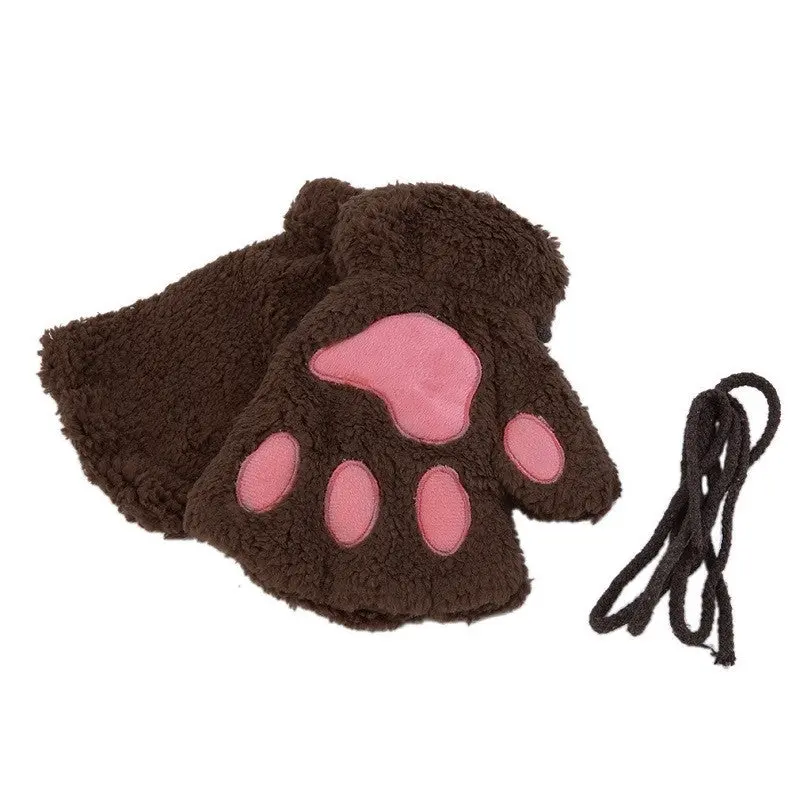 Fluffy Bearcat Plush Pawclaw Glove-Novelty Soft Toweling Lady's Half Covered Gloves Mittens Valentine's Day Gift 4