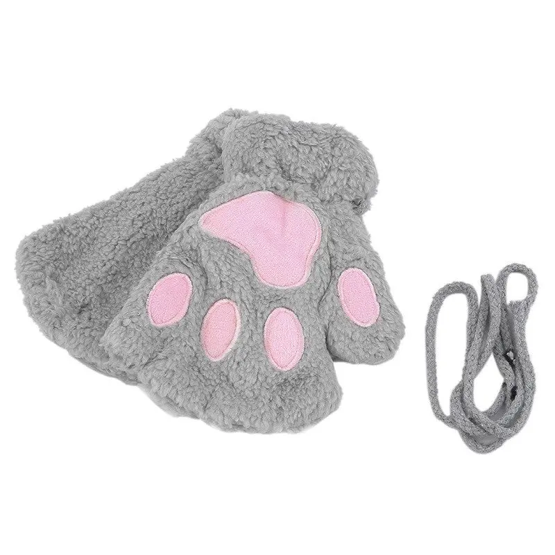 Fluffy Bearcat Plush Pawclaw Glove-Novelty Soft Toweling Lady's Half Covered Gloves Mittens Valentine's Day Gift 5